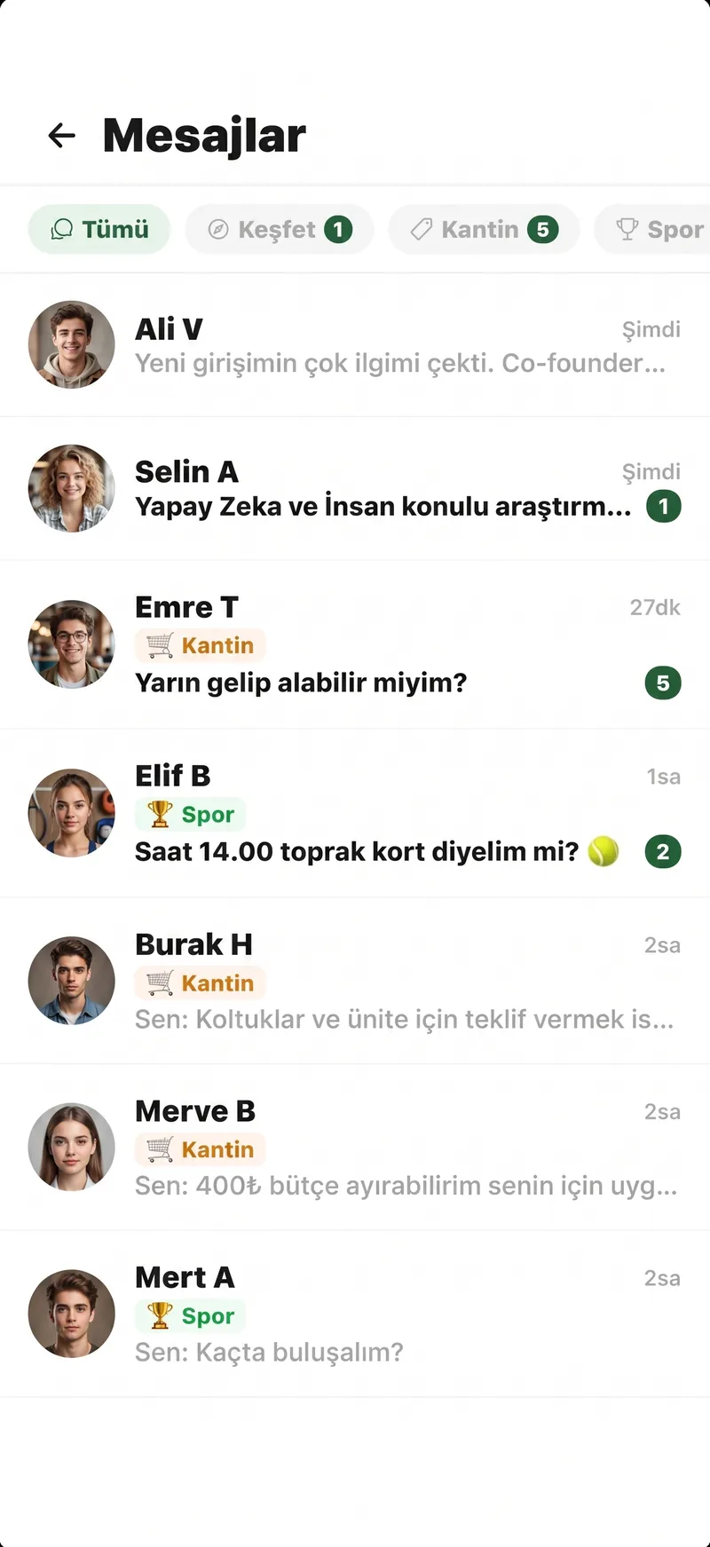 LinkUni Mesajlar ekranı