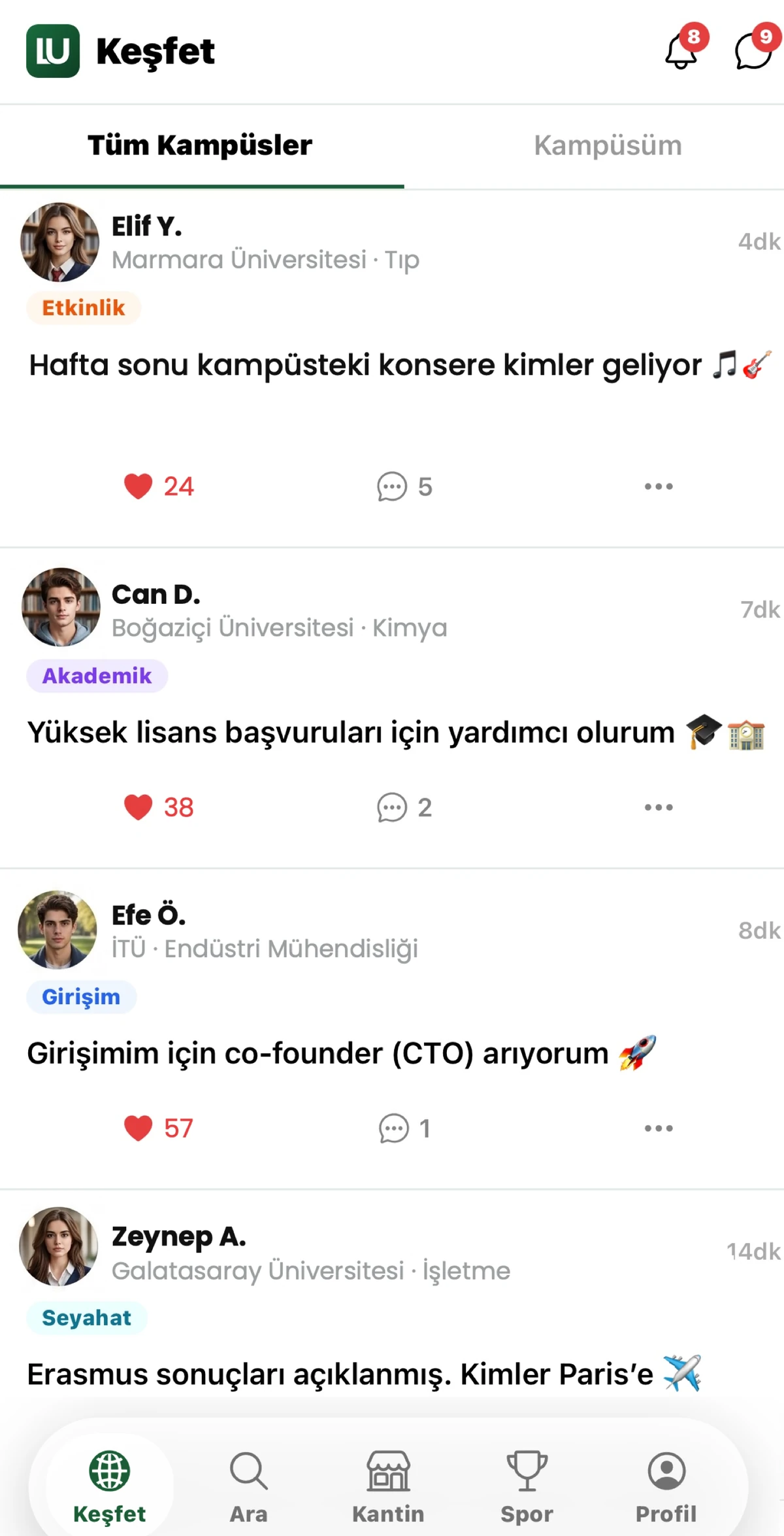 LinkUni Keşfet akışı ekranı