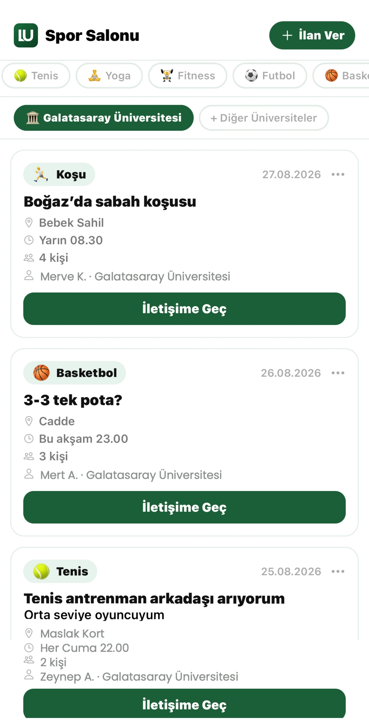 LinkUni Spor Salonu ekranı