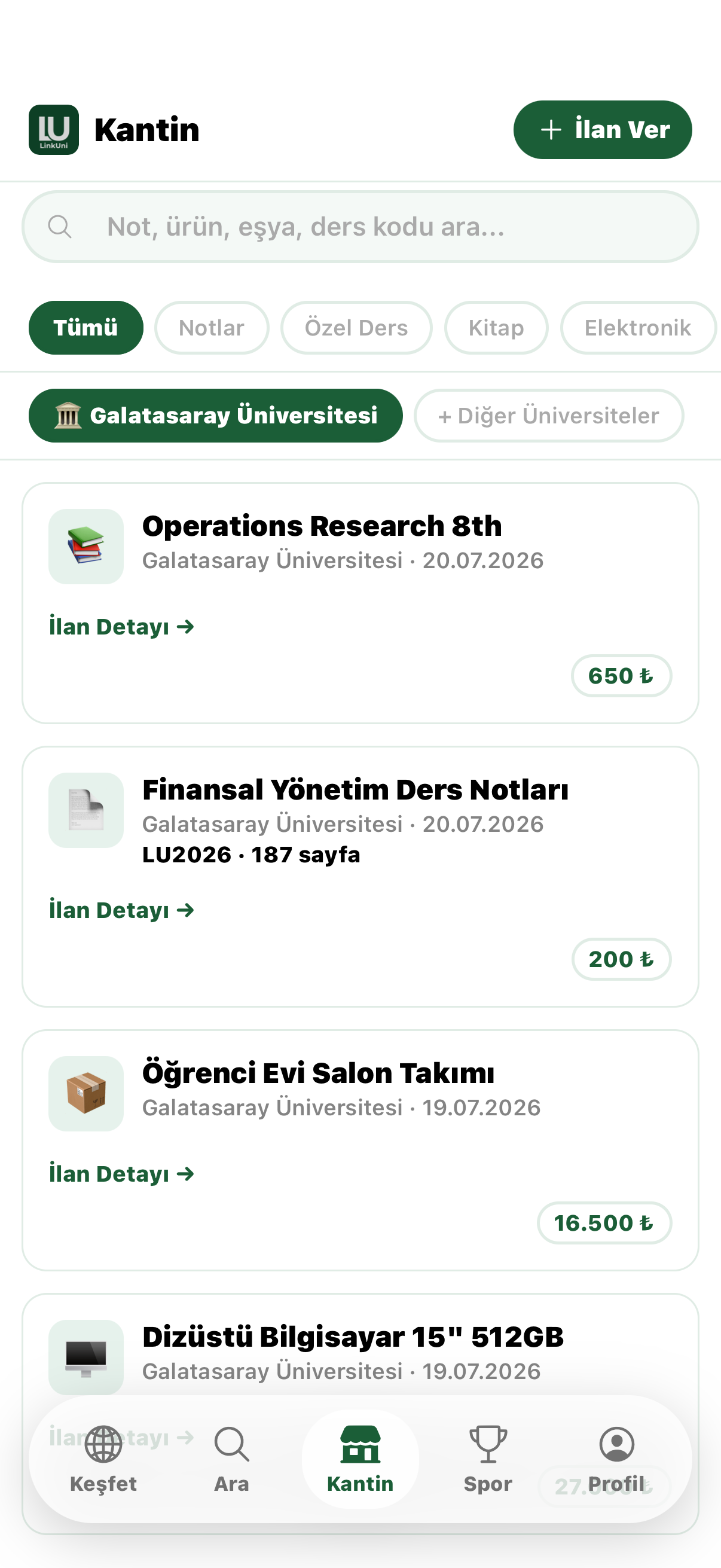 LinkUni Kantin ekranı