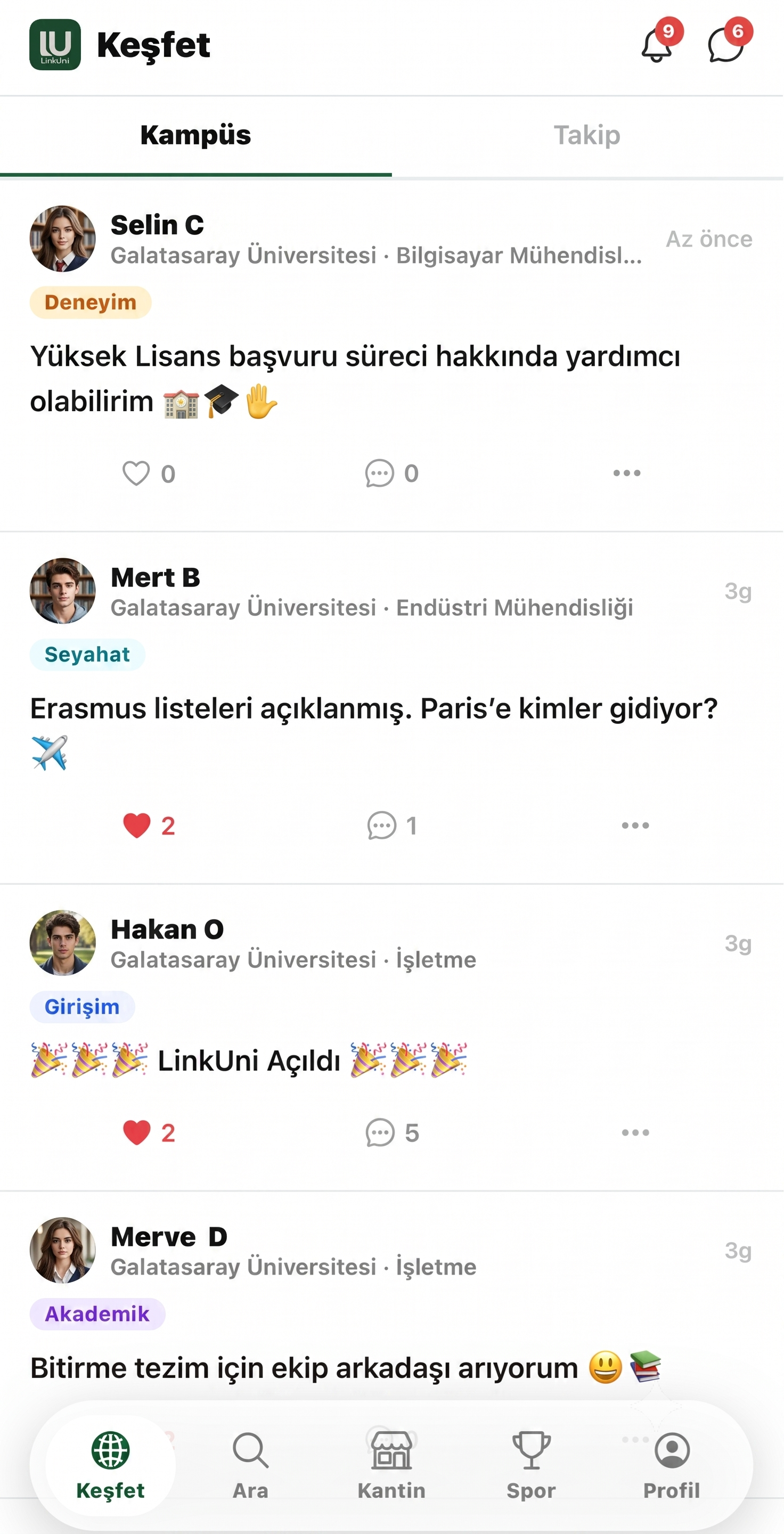 LinkUni Keşfet akışı ekranı