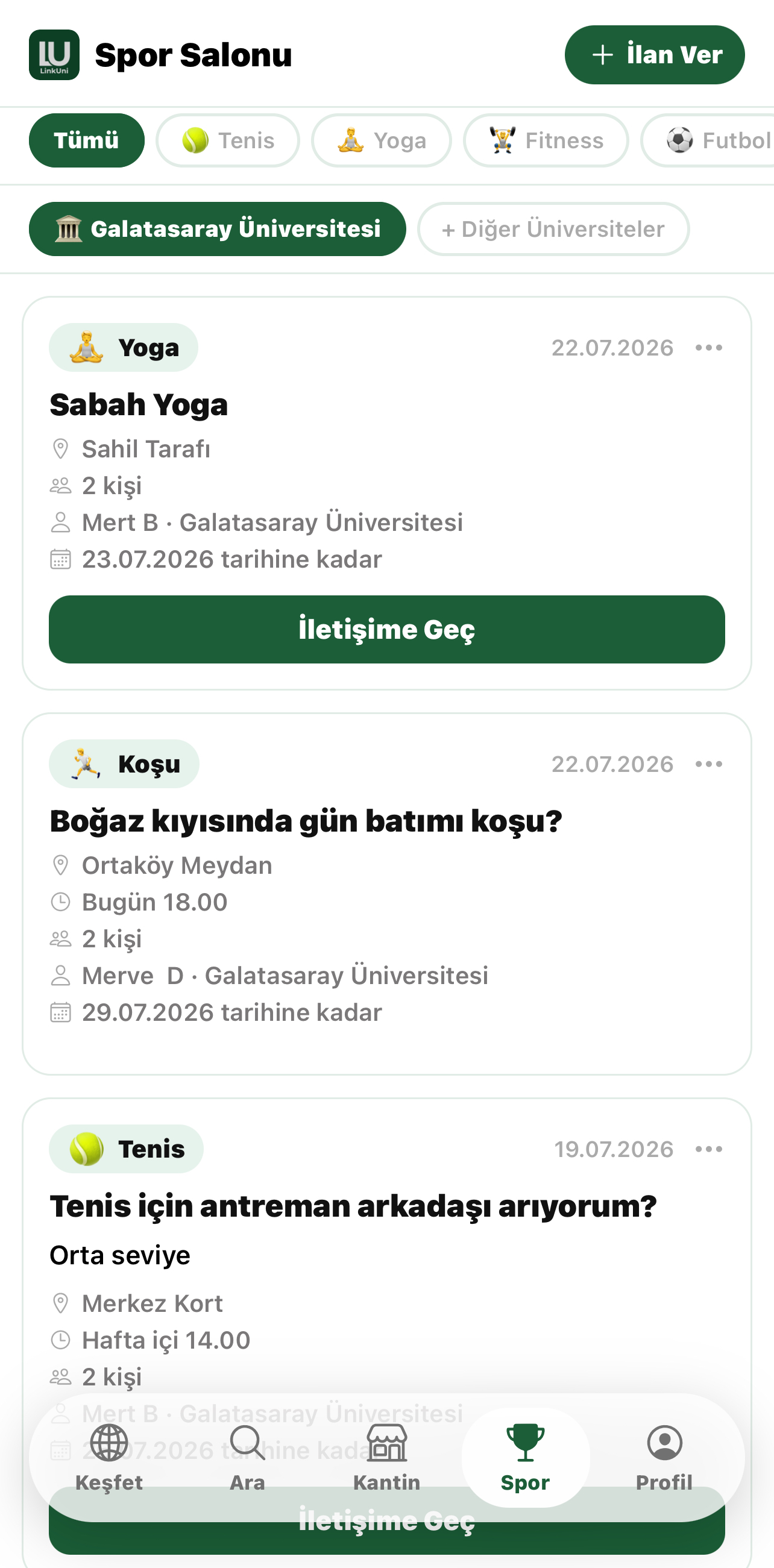 LinkUni Spor Salonu ekranı